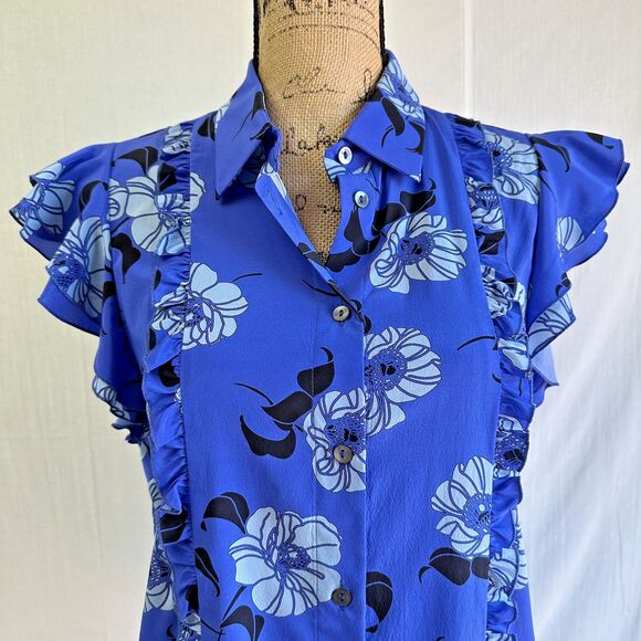 P.A.R.O.S.H. Women's Floral Blue Button Up Short Sleeve Silk Blouse Sz M - Picture 4 of 13